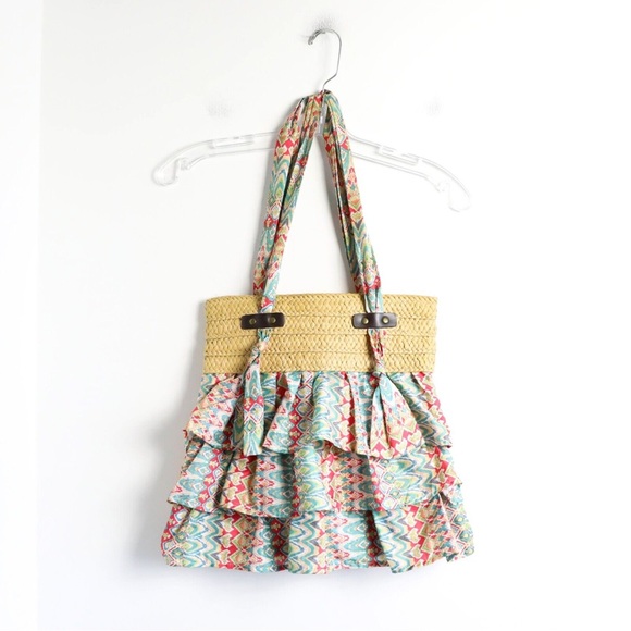 DFusion Bags Dfusion Boho Ruffle Straw Shoulder Bag Shopper Blue